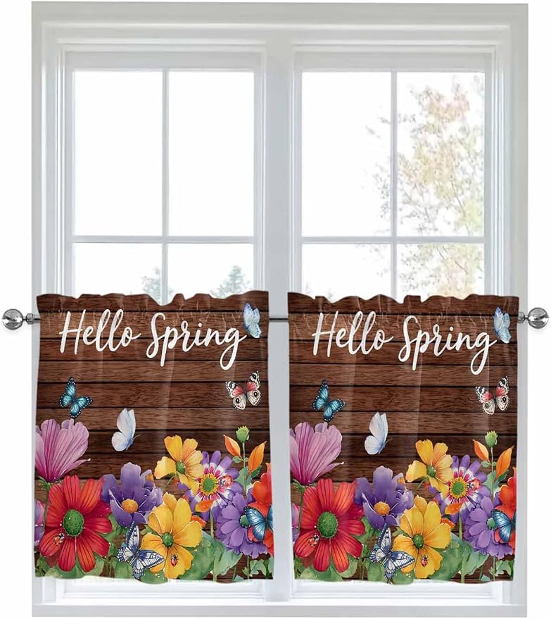 Spring Flowers Half Window Curtains 24 Inches Long, Watercolor Farmhouse by Unknown
