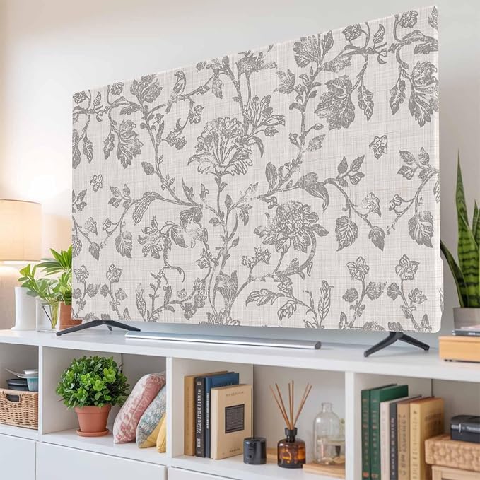 Watercolor Gray Flower Leaves Indoor TV Cover, Elastic TV Screen Protector by Unknown