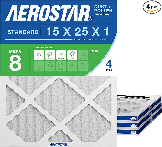 Aerostar 15x25x1 MERV 8 High Efficiency Pleated Air Filter, Electrostatic AC by AirFiltersDelivered