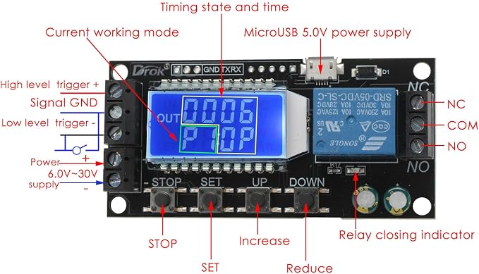 DROK Time Delay Relay, DC 5V/12V/24V Timer Relay Delay-Off Cycle 0.01s-9999mins - Image 2