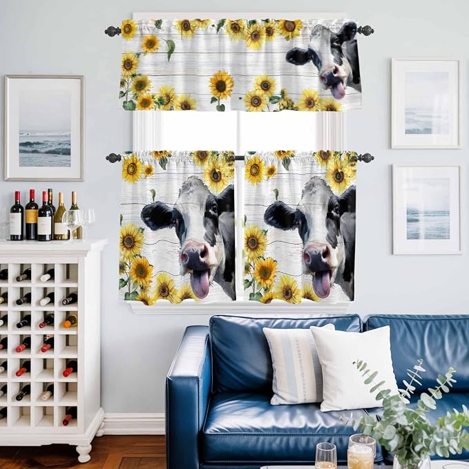 Kitchen Curtains Tiers and Valance Set of 3, Cow Sunflowers Light Filtering - Image 6