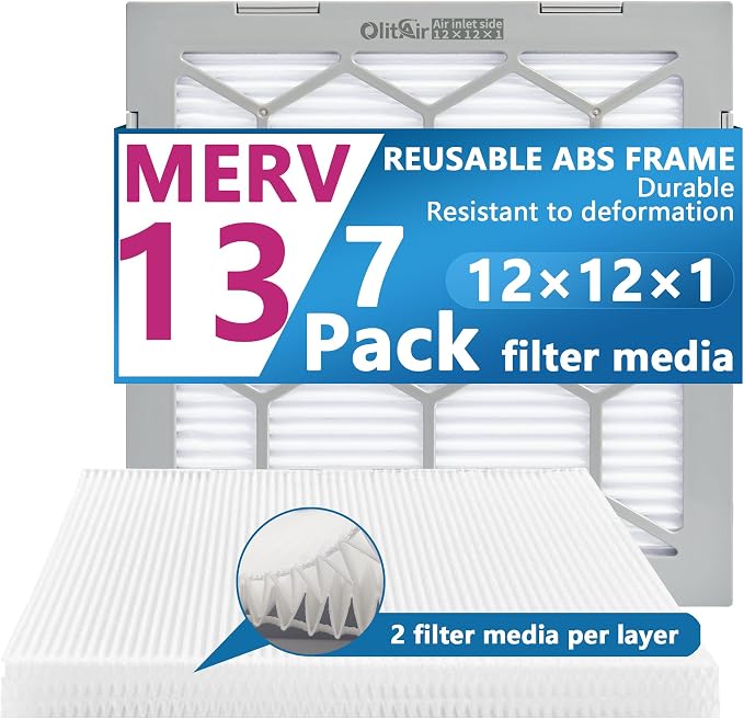 12x12x1 MERV 13 Air Filter, AC Furnace Air Filter, Reusable ABS Plastic Frame by OlitAir