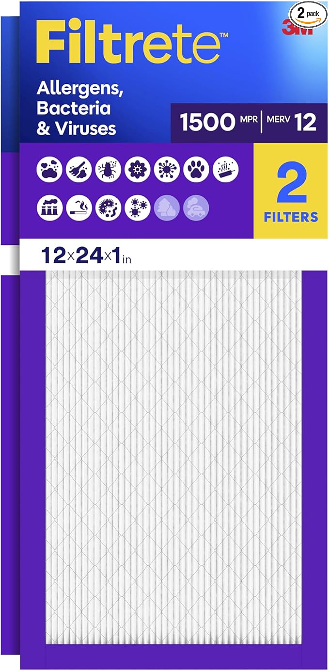 Filtrete 12x24x1 Air Filter, MERV 12, MPR 1500, Bacteria & Viruses, 3-Month AC by Unknown