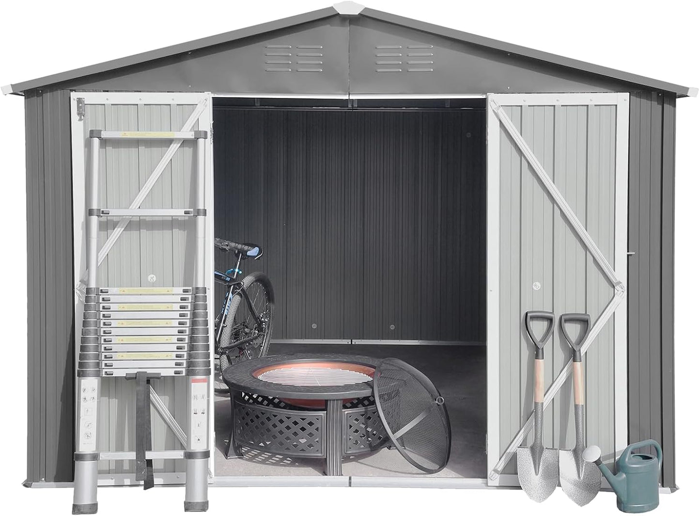 12 x 10 FT Metal Garden Shed, Outdoor Storage Shed with Heavy-Duty Steel Construction, Built-in Punched Vents & Hinged Door, Free Padlock for Secure Backyard, Patio & Garage Storage, Grey