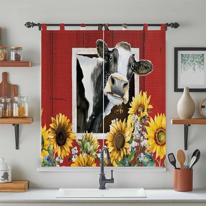Cows Sunflowers Living Room Curtains 84 Inch Length, Window Curtains Tab Top - Image 3