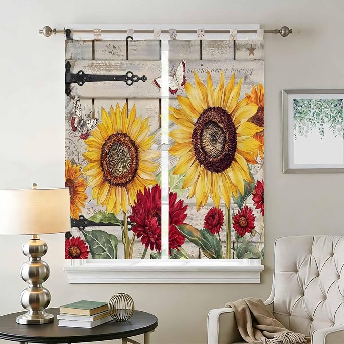Red Yellow Sunflowers Living Room Curtains 84 Inch Length, Window Curtains Tab - Image 2