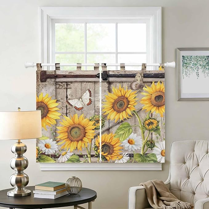 Farmhouse Sunflowers Bedroom Curtains 63 Inch Length, Window Curtains Tab Top - Image 2