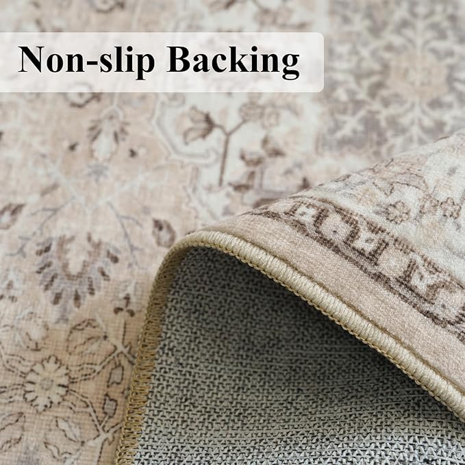 Washable 5x8 Living Room Area Rug: Vintage Water-Resistant Soft Rug for Bedroom Dining Room Non Slip Apartment Low Pile Carpet Thin Floor Mat for Dorm Home Office Printed Beside Rug(5x8，Beige)