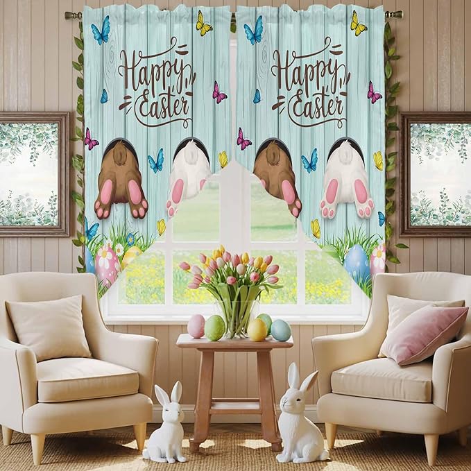 Swag Curtain Valances for Kitchen Windows, Happy Easter Bunny Butt Egg Floral - Image 7