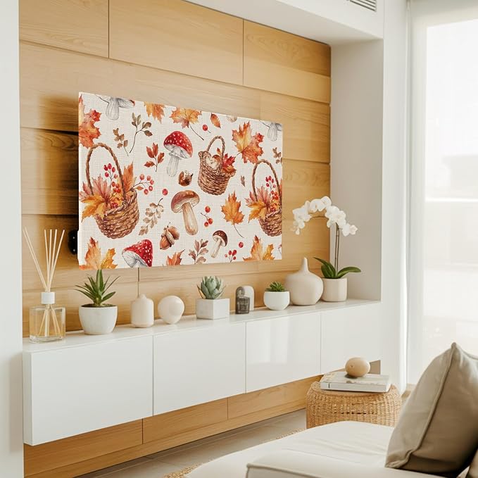 Watercolor Maple Leaves Mushroom Indoor TV Cover, Elastic TV Screen Protector - Image 2