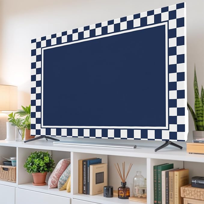 Abstract Navy Blue Check Indoor TV Cover, Elastic TV Screen Protector Modern - Image 6