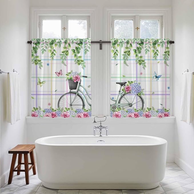 Spring Tier Curtains, Bicycles Botanical Leaves Rose Colorful Stripes Light - Image 5