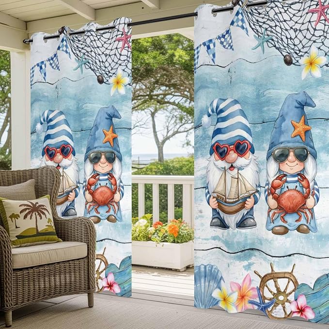 Ocean Gnome Outdoor Curtains for Patio Summer Marine Plumeria Shell Wood Blue - Image 5