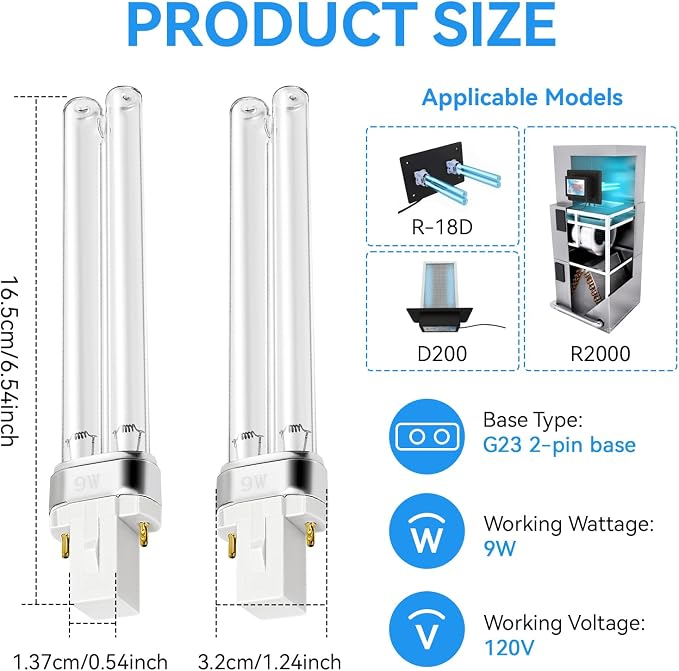 2 Pack 9W UV Light Bulb HVAC Bulb Replacement UVC G23 2 Pin Base | 9 Watt UV - Image 2
