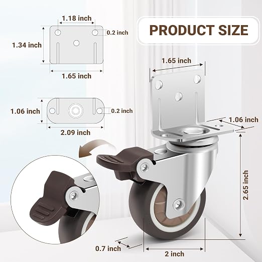 2 Inch Side Mount Casters Set of 4, L-Shaped Silent Rubber Casters 600 LBS - Image 3