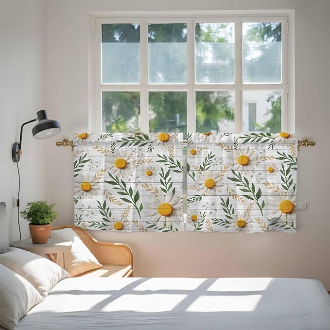 Spring Daisy Tier Curtains, Farmhouse Country Flower Leaf Plant Wood Grain - Image 4