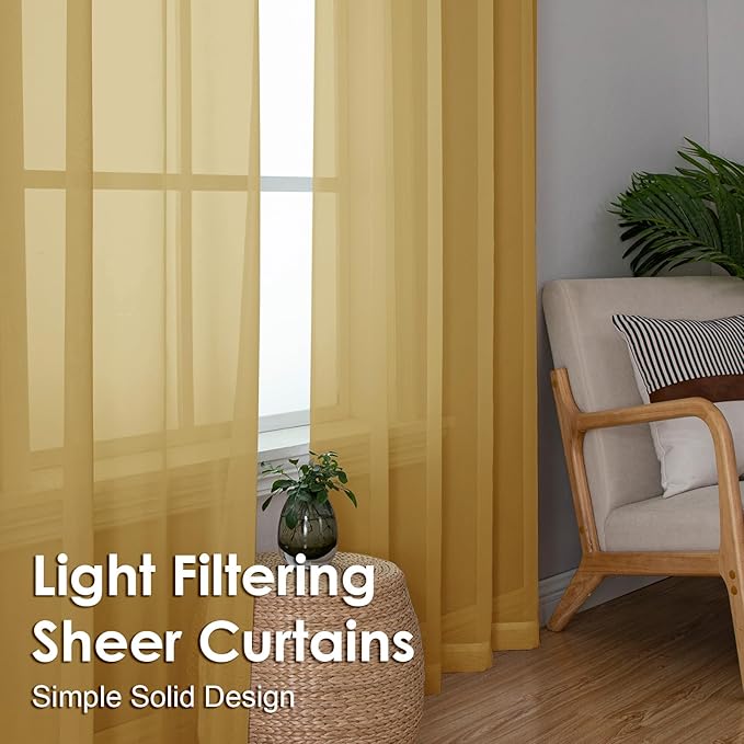 OVZME Gold Sheer Curtains 96 Inches Long 2 Panels - Soft Light Filtering Window Sheer Panels for Living Room/Bedroom, Top Dual Rod Pocket, 1 Pair, Each 42Wx96L Inches