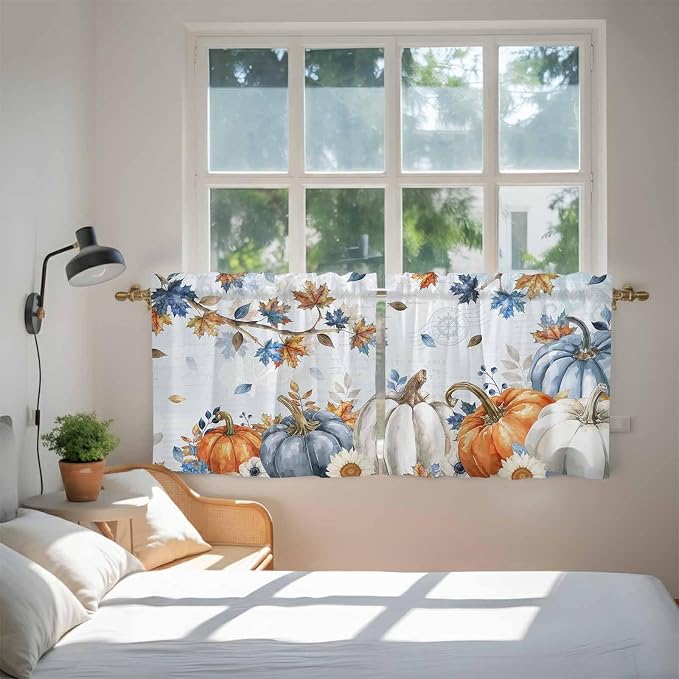 Fall Blue Maple Kitchen Tier Curtains 36 Inch Long 2 Panel Set, Rod Pocket Half - Image 4