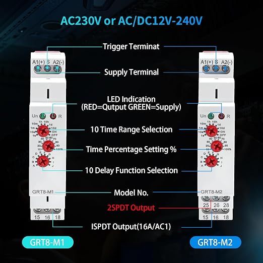 Multifunction Time Relay, 16A Delay ON Off GRT8-M1 AC DC 12-240V - Image 4