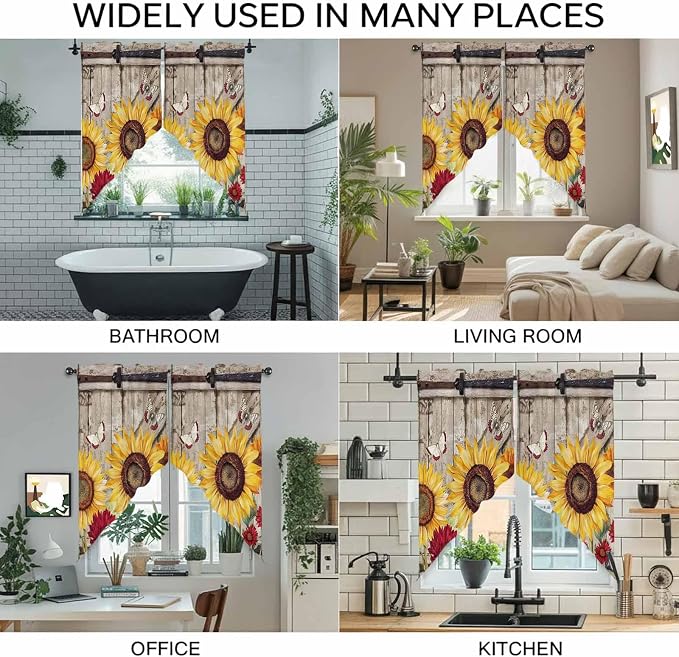 Sunflowers Swag Valances for Windows, Retro Flower Barn Doors Butterfly - Image 9