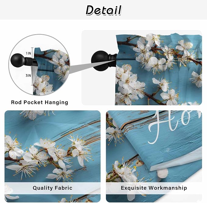 Farmhouse Wooden Grain Kitchen Curtains, Vintage Shabby Chic Flower Blue Light - Image 9