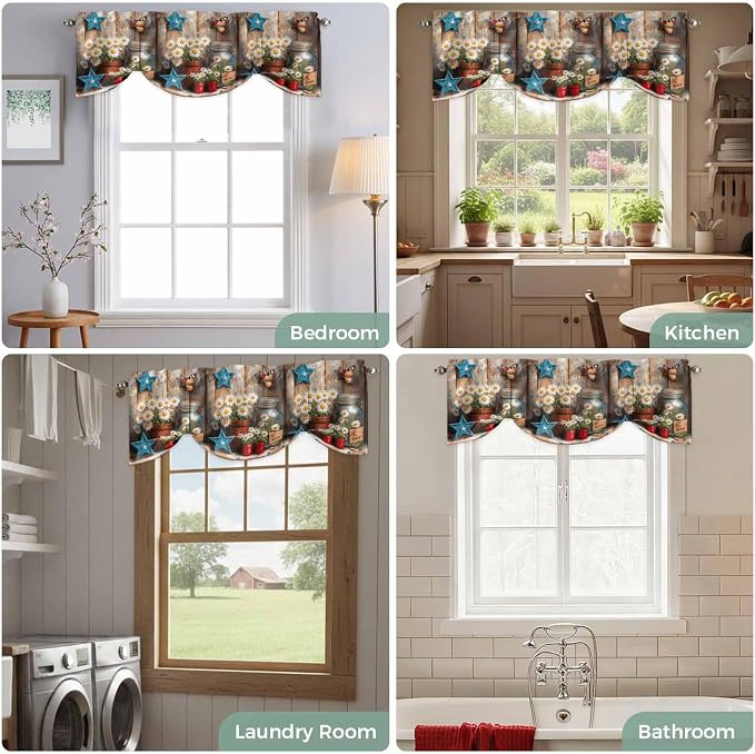Country Flower Tie Up Valance for Window, Western Texas Star Butterfly Barn - Image 7