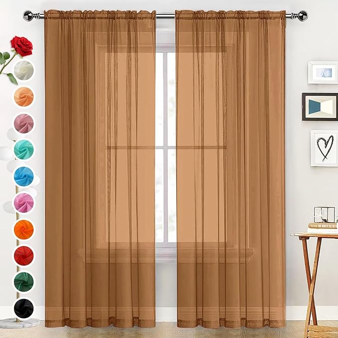 SpaceDresser Basic Rod Pocket Sheer Voile Window Curtain Panels Light Brown 1 Pair 2 Panels 52 Width 45 Inch Long for Kitchen Bedroom Children Living Room Yard（Light Brown, 52W x 45L）