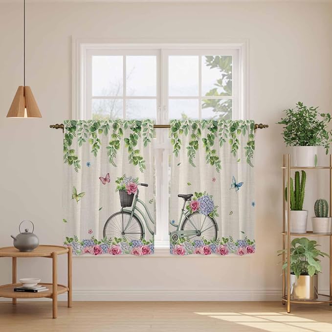 Farmhouse Spring Kitchen Curtains, Retro Bicycles Flowers Vines Butterfly Light - Image 3
