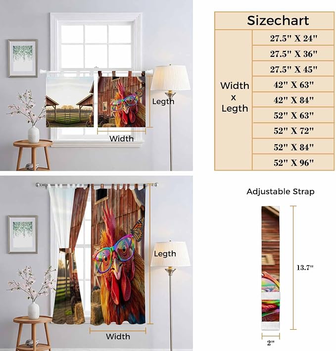 Farm Rooster Kitchen Curtains 36 Inch Length, Small Window Curtains Tab Top - Image 8