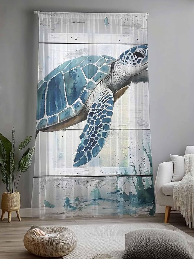 Sheer Curtains 84 Inches Long, Teal Green Sea Turtle Semi Sheer Curtains Light - Image 2