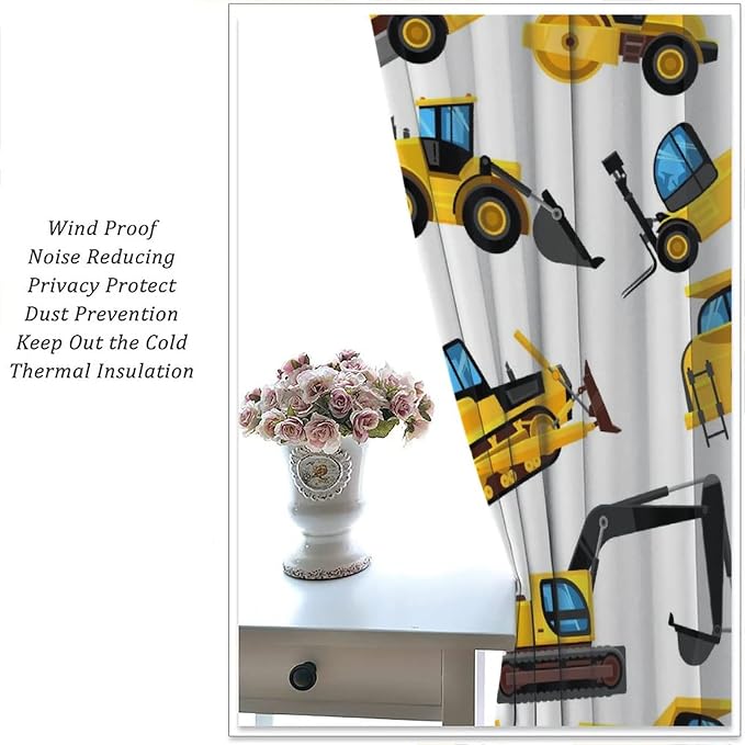 Kids Construction Equipment Window Curtains, Excavator Tractor Tow Truck Rod - Image 5