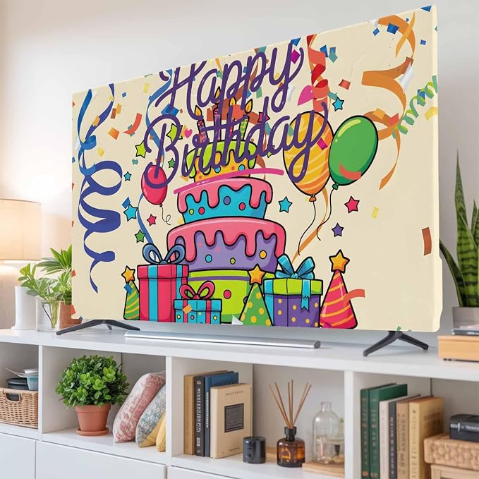 Happy Birthday Words Indoor TV Cover, Elastic TV Screen Protector Cake Balloon - Image 6