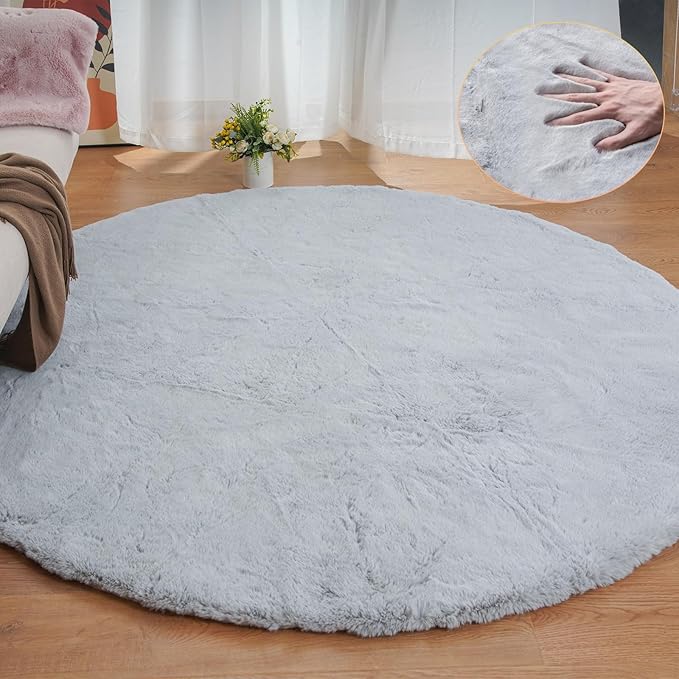 ORINOVA Grey Washable Fluffy Round Rugs 6ft Faux Bunny Fur Rugs for Living Room Bedroom Boho Circle Sheepskin Rug Teen Room Nursery Rug
