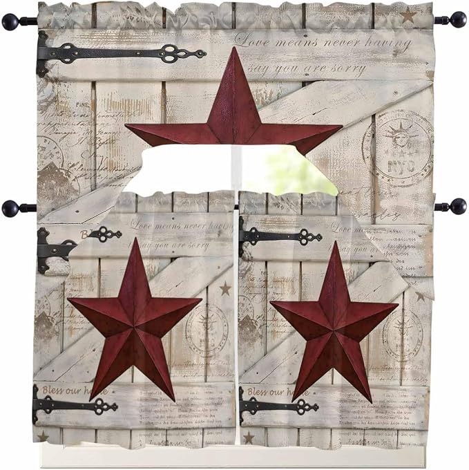 Village Stars Swag Kitchen Curtains Valance and Tier Set, Vintage Dark Red Star by Unknown