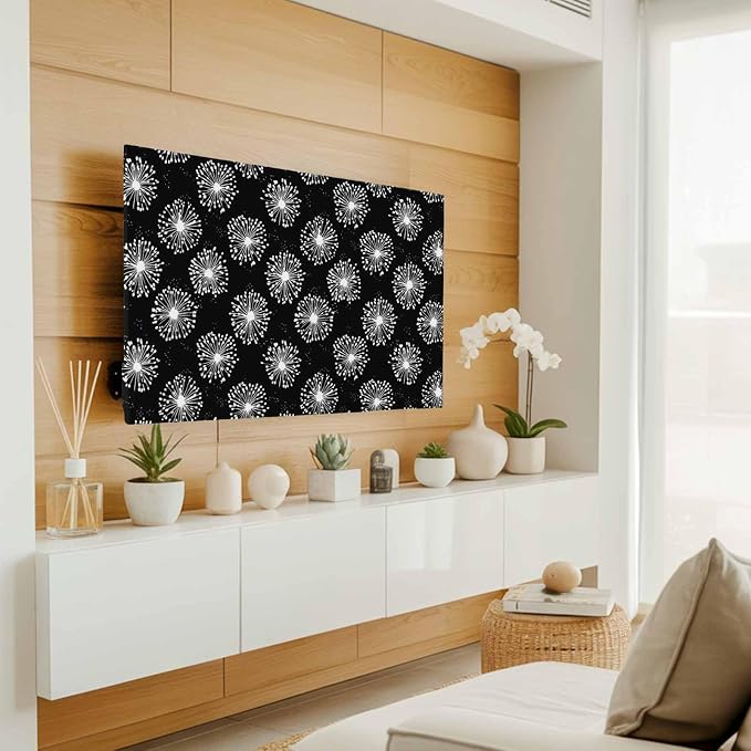 Abstract Dandelion on Black Indoor TV Cover, Elastic TV Screen Protector Summer - Image 2