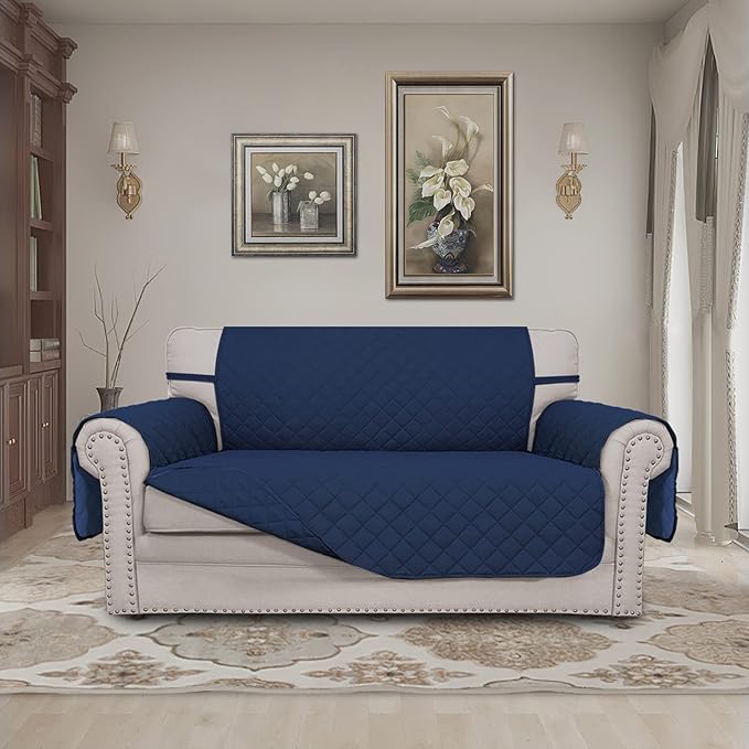 Easy-Going Reversible Loveseat Couch Cover for 2 Cushion Couch Sofa Cover for Dogs Water Resistant Furniture Protector with Foam Sticks Elastic Straps for Pet (Loveseat, Navy/Navy)