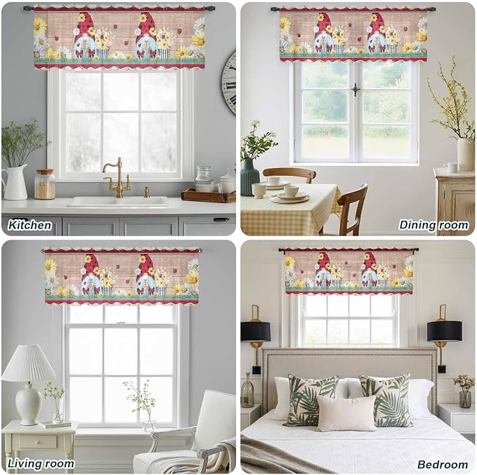 Ladybug Gnome Sheer Valance Curtains, Country Summer Rustic White Yellow Daisy - Image 9