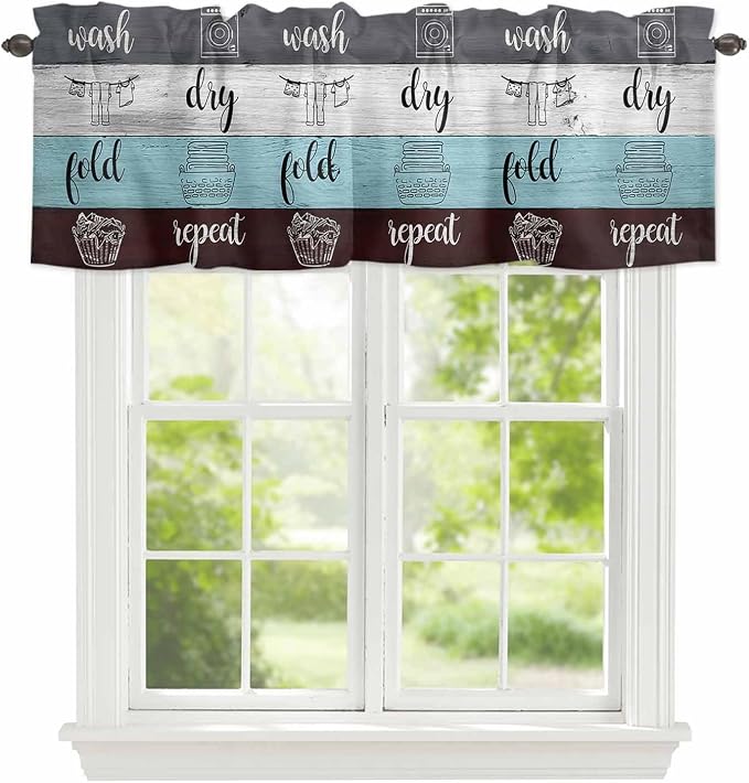 Laundry Rules Valances for Windows, Retro Blue White Wood Board Grain Kitchen by Unknown