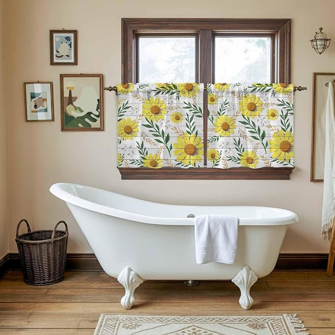 Yellow Daisy Tier Curtains, Farmhouse Country Flower Leaf Plant Wood Grain - Image 5