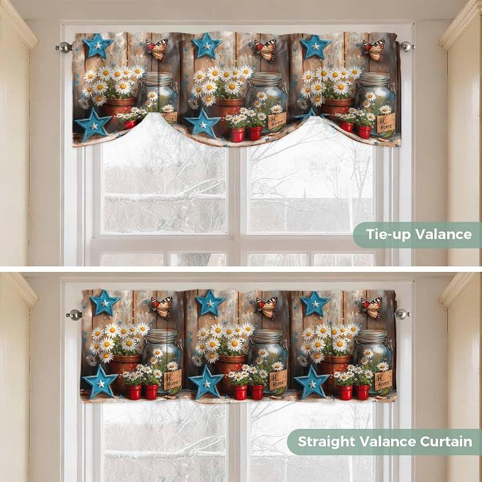 Country Flower Tie Up Valance for Window, Western Texas Star Butterfly Barn - Image 5