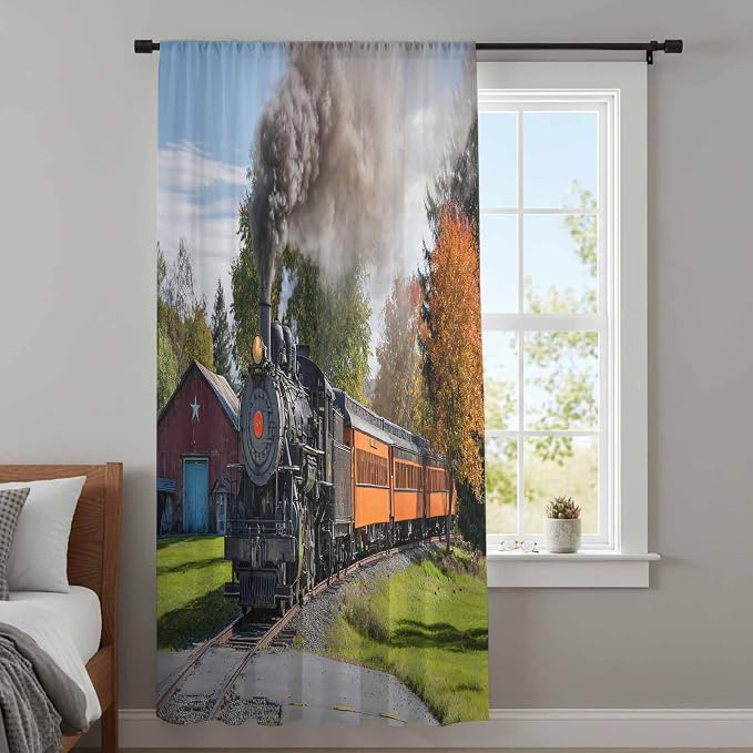 Steam Train Sheer Curtains 72 Inch Length Railroad Country Barn Rustic Trees - Image 4