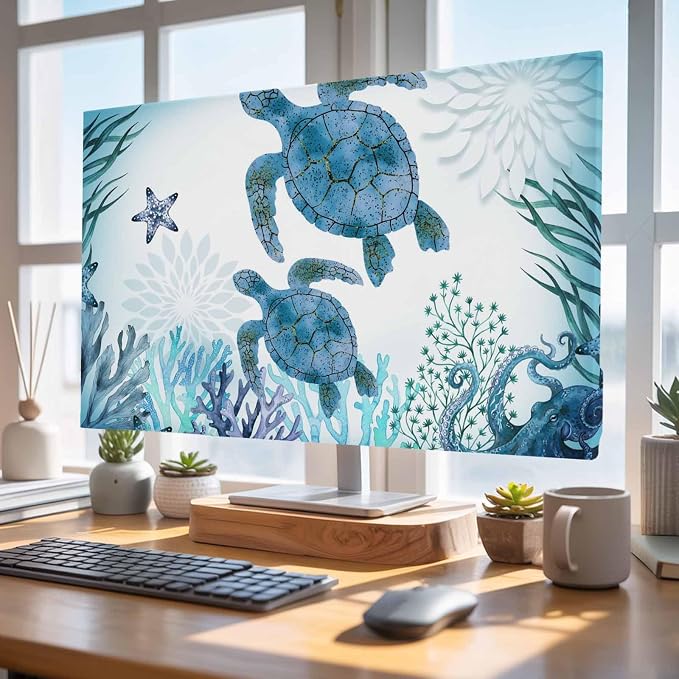 Blue Sea ​​turtle Coral Seagrass Sea Nuts Indoor TV Cover, Elastic TV Screen - Image 4