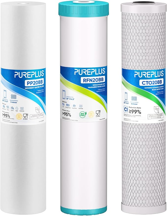PUREPLUS 4.5"x20" 3-Stage Whole House Water Filter Cartridge, Iron &Manganese by PUREPLUS