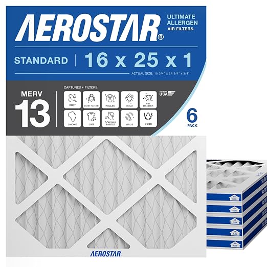 Aerostar 16x25x1 MERV 13 Air Filter, ACTUAL SIZE, Air Conditioning & Furnace by AirFiltersDelivered