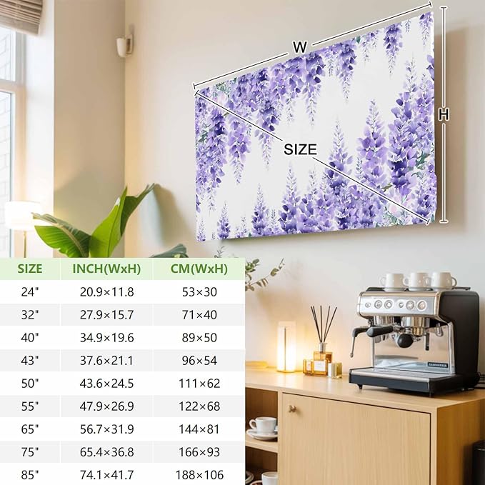 Watercolor Purple Vineflowers Leaves Indoor TV Cover, Elastic TV Screen - Image 3