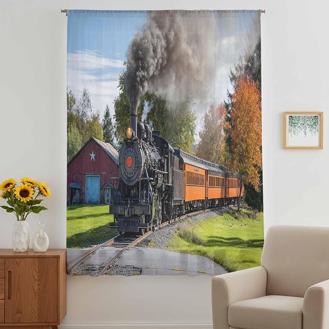 Steam Train Sheer Curtains 45 Inch Length Railroad Country Barn Rustic Trees - Image 5