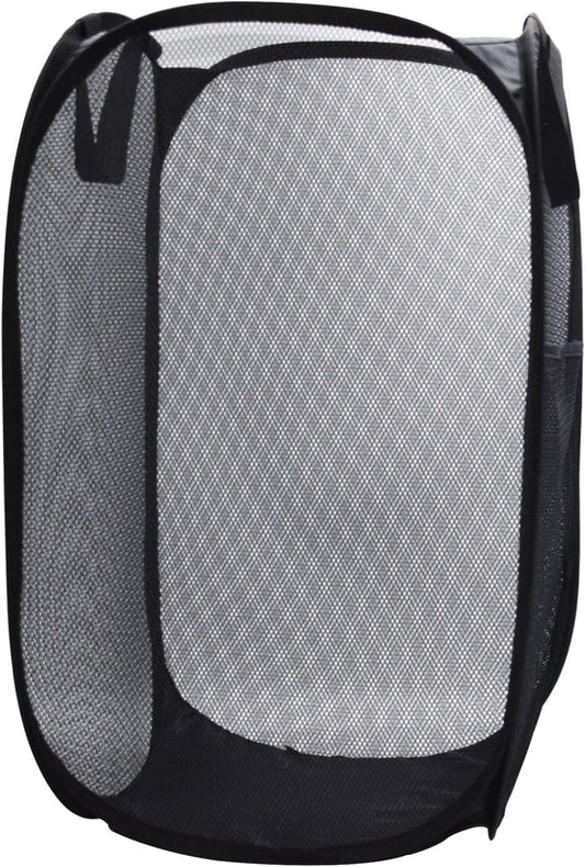 HONOMA Sturdy Mesh Laundry Hamper Basket Bag,Pop up Basket with Side Pocket for Laundry Room, Bathroom, Kids Room, College Dorm or Travel (Pop Vertical, Black)