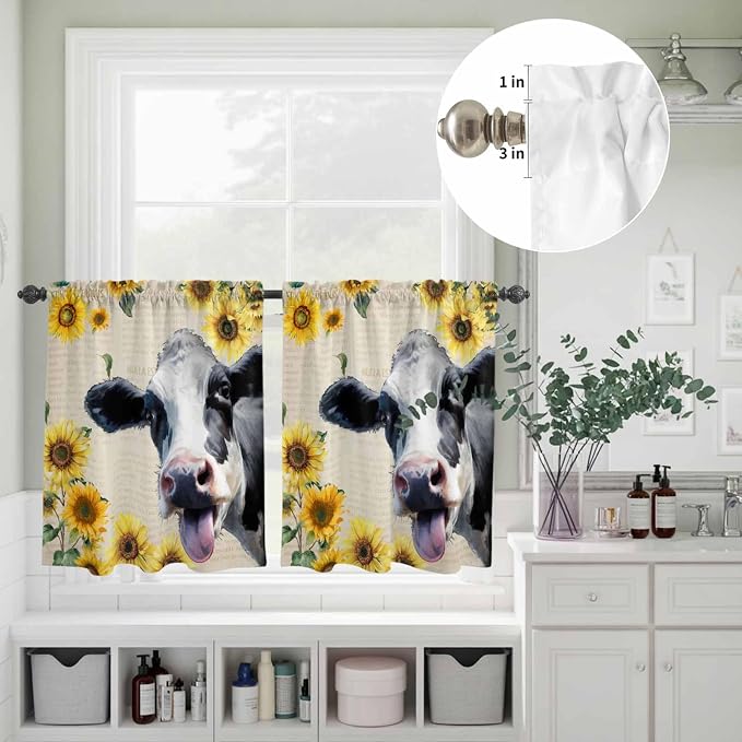 Kitchen Curtains Tiers and Valance Set of 3, Cow Sunflowers Light Filtering - Image 8