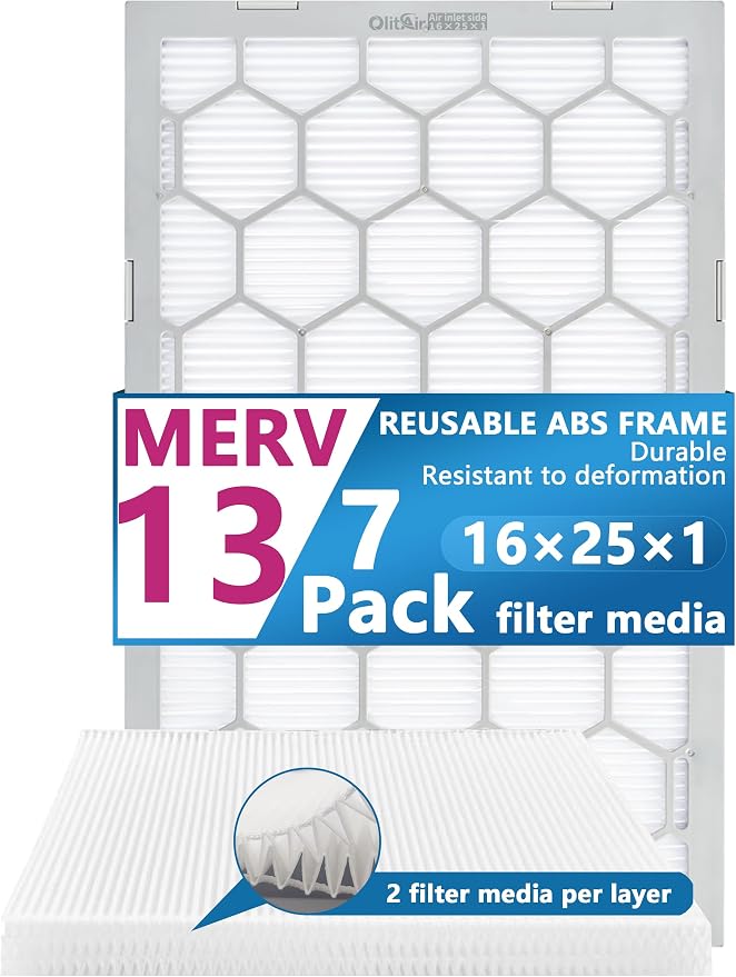 16x25x1 MERV 13 Air Filter, AC Furnace Air Filter, Reusable ABS Plastic Frame by OlitAir
