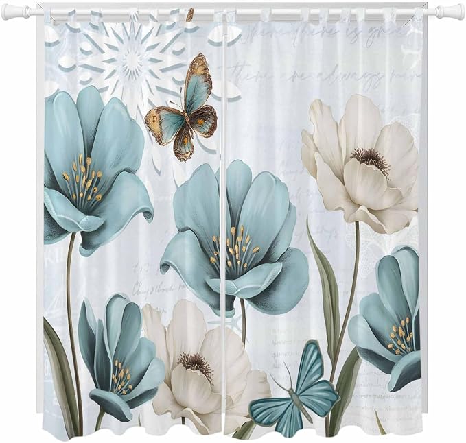 Blue Tulips Living Room Curtains 84 Inch Length, Window Curtains Tab Top by Unknown